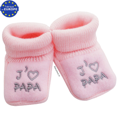 Chaussons bébé fille en maille brodée J'aime PAPA rose