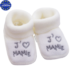 Chaussons bébé mixtes en maille blanc broderie J'aime MAMIE