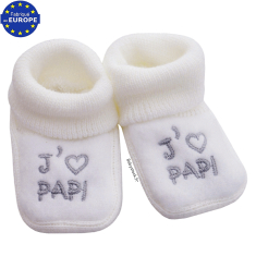 Chaussons bébé mixtes en maille blanc broderie J'aime PAPI
