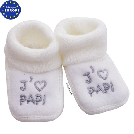 Chaussons bébé mixtes en maille blanc broderie J'aime PAPI