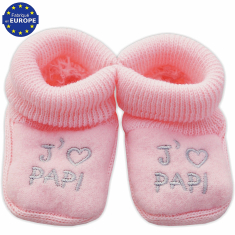 Chaussons bébé fille en maille rose broderie J'aime PAPI gris