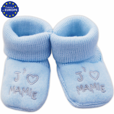 Chaussons bébé garçon en maille broderie J'aime MAMIE bleu