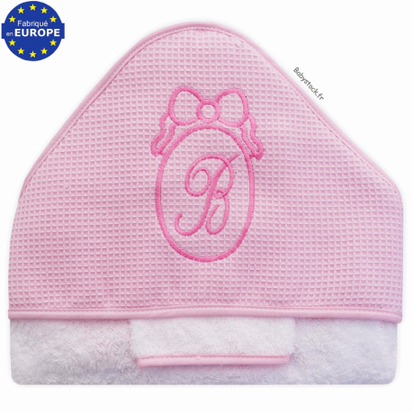 Parure de bain en éponge et capuche nid d'abeille rose brodée Bébé