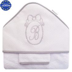 Parure de bain éponge blanche et capuche nid d'abeille brodée Bébé gris