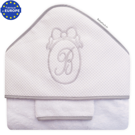Parure de bain éponge blanche et capuche nid d'abeille brodée Bébé gris
