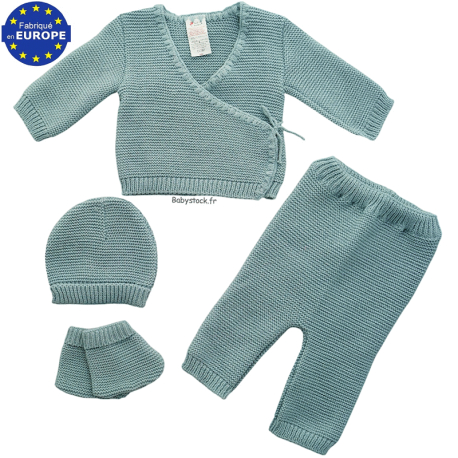 Ensemble maille 4 pièces brassière legging bonnet chaussons vert sauge