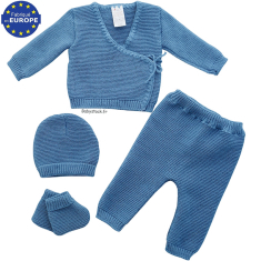 Ensemble maille 4 pièces brassière legging bonnet chaussons bleu acier