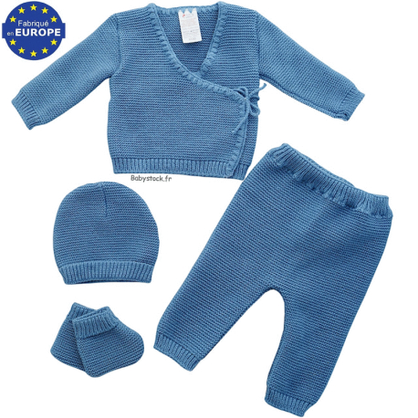 Ensemble maille 4 pièces brassière legging bonnet chaussons bleu acier