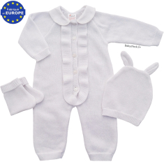 Ensemble bébé combinaison bonnet chaussons maille coton blanc