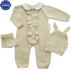 Ensemble bébé combinaison bonnet chaussons maille coton beige
