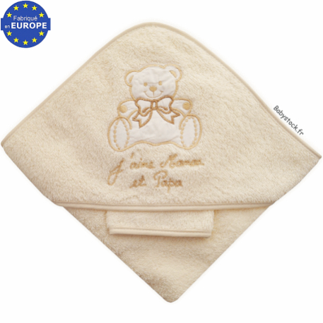 Sortie bain bébé éponge crème brodée J'aime Maman et Papa