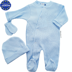 Kit naissance été 3 pièces coton côtes bleu pyjama bonnet moufles