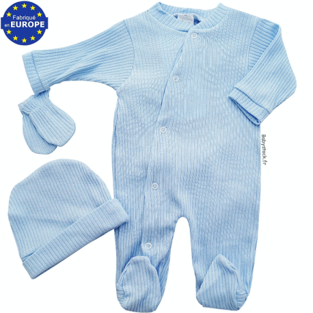 Kit naissance été 3 pièces coton côtes bleu pyjama bonnet moufles