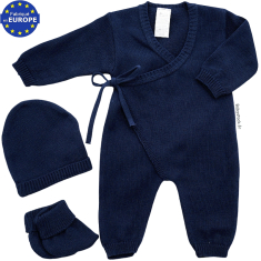 Ensemble combinaison bonnet chaussons maille coton marine