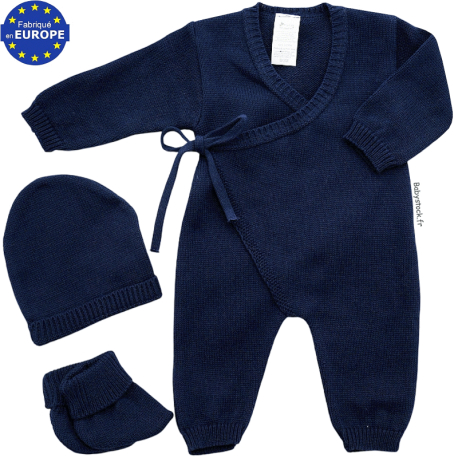 Ensemble combinaison bonnet chaussons maille coton marine