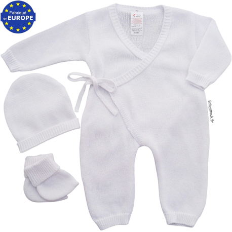Ensemble combinaison bonnet chaussons en maille coton blanc