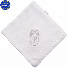 Couverture coton nid d'abeille blanc doublé fourrure brodé B