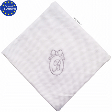 Couverture coton nid d'abeille blanc doublé fourrure brodé B