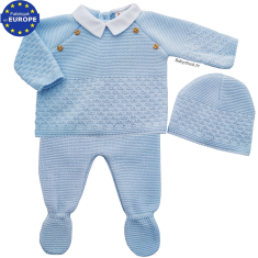 Ensemble bébé en maille bleue et col en piqué blanc 3 pièces