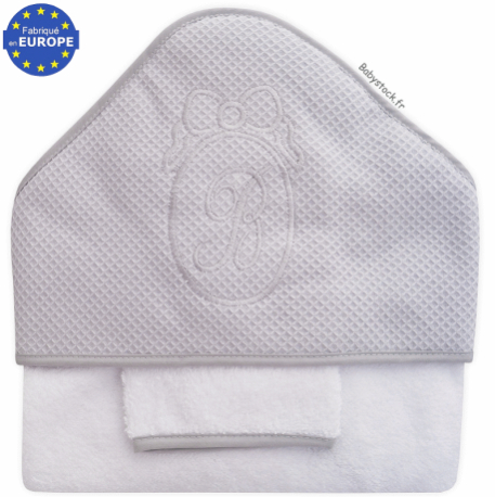 Parure bain bébé en éponge et capuche nid d'abeille gris brodée B
