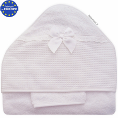 Grande sortie bain éponge, nid d'abeille, dentelle, noeud satin blanc