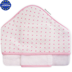 Grande cape bain fille en éponge blanche et gaze coeurs roses