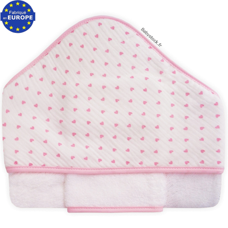 Grande cape bain fille en éponge blanche et gaze coeurs roses