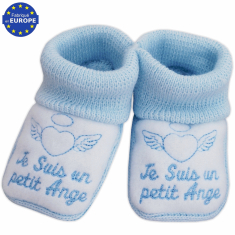 Chaussons bébé garçon maille bleue broderie Je suis un petit Ange