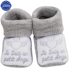 Chaussons bébé mixte maille grise broderie Je suis un petit Ange