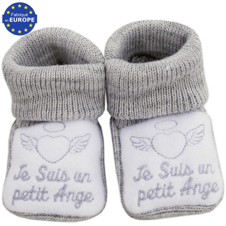 Chaussons bébé mixte maille grise broderie Je suis un petit Ange