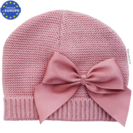 Bonnet naissance bébé fille en maille et noeud satin bois de rose