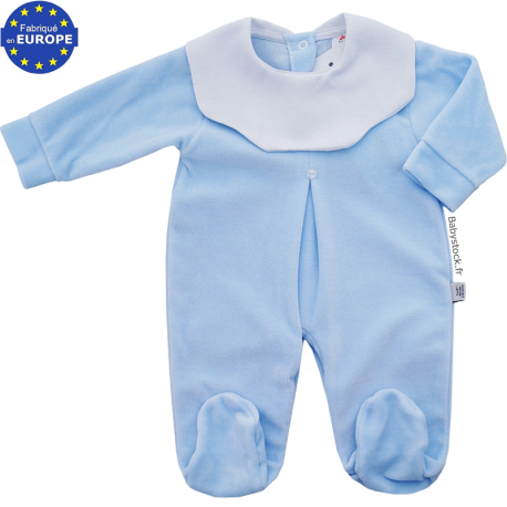 Pyjama bébé garçon en velours bleu et collerette piqué blanc