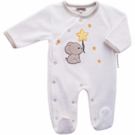 Pyjama dors bien mixte en velours blanc brodé Eléphanteau
