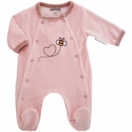 Pyjama bébé préma fille 46-47cm en velours rose brodé Abeille