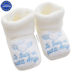 Chaussons bébé garçon maille brodée Je suis un petit Ange bleu
