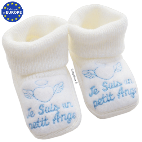 Chaussons bébé garçon maille brodée Je suis un petit Ange bleu