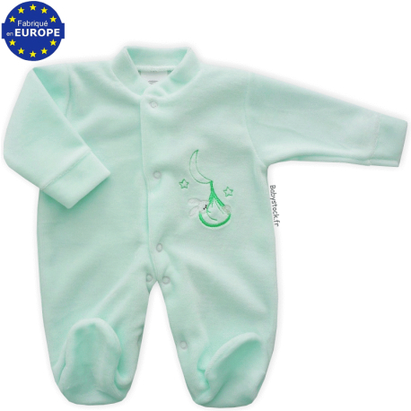 Pyjama bébé préma mixte 42cm en velours vert d'eau brodé Lapin