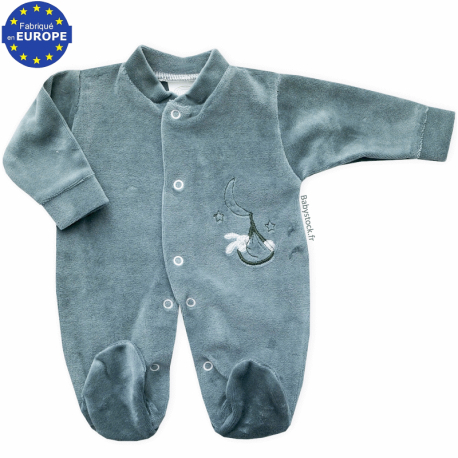 Pyjama bébé préma mixte 42cm en velours vert sauge brodé Lapin