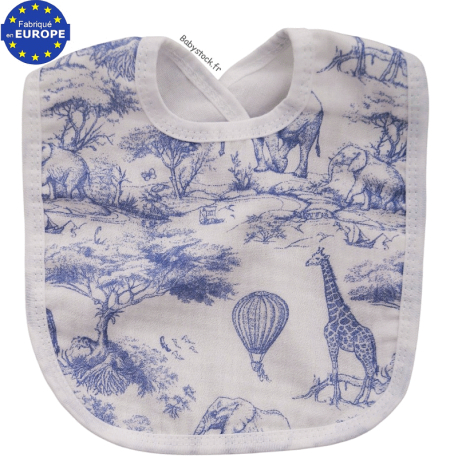 Bavoir bébé garçon en gaze coton blanc imprimé Savane bleu