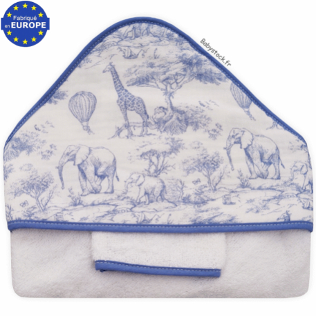 Sortie de bain bébé garçon en éponge et gaze imprimée Savane bleu