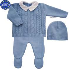 Ensemble garçon en maille torsades bleu denim col piqué 3 pièces