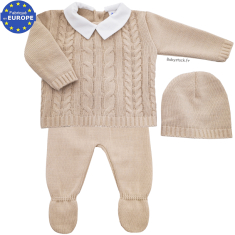 Ensemble garçon en maille torsades beige col piqué blanc 3 pièces