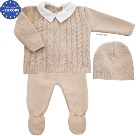 Ensemble garçon en maille torsades beige col piqué blanc 3 pièces