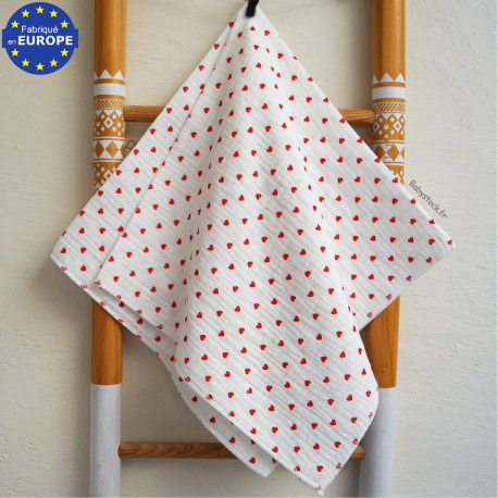 Lange b&eacute;b&eacute; en gaze 100% coton blanc imprim&eacute; c&oelig;urs rouges