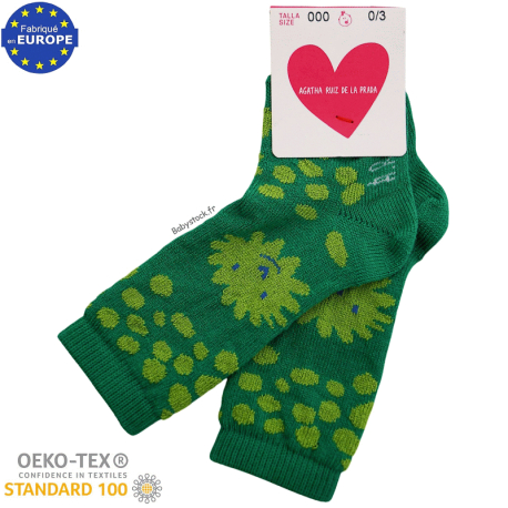 Chaussettes montantes pour b&eacute;b&eacute; en coton vert Soleil 0/3 mois
