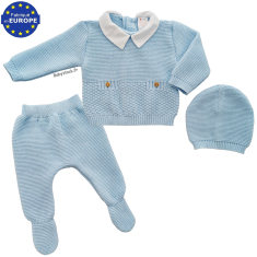 Ensemble b&eacute;b&eacute; en maille bleu, boutons et col piqu&eacute; blanc 3 pi&egrave;ces