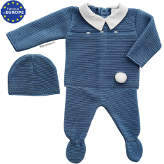 Ensemble b&eacute;b&eacute; en maille bleu acier &agrave; col piqu&eacute; blanc 3 pi&egrave;ces