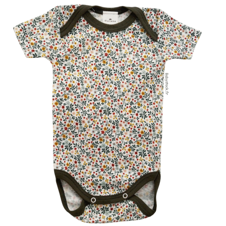 Body b&eacute;b&eacute; fille &agrave; manches courtes imprim&eacute; fleurs et biais kaki