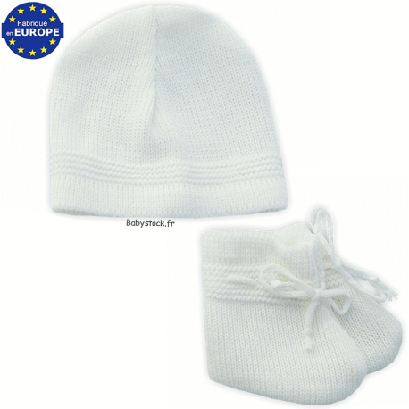Ensemble bonnet + chaussons en tricot maille acrylique blanc