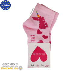Chaussettes b&eacute;b&eacute; fille en coton rose coeurs et licorne fuschia